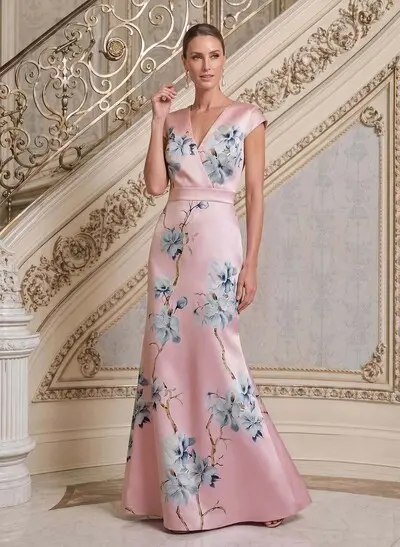 Trumpet/Mermaid V-Neck Cape Sleeves Floor-Length Satin Evening Dresses With Floral-Print