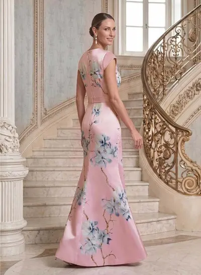 Trumpet/Mermaid V-Neck Cape Sleeves Floor-Length Satin Evening Dresses With Floral-Print