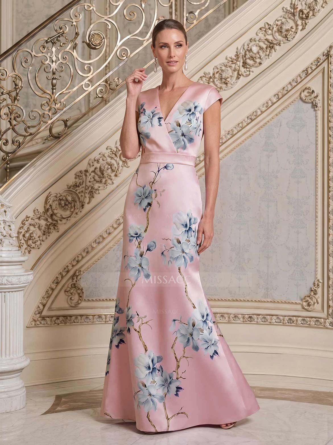Trumpet/Mermaid V-Neck Cape Sleeves Floor-Length Satin Evening Dresses With Flower(s)