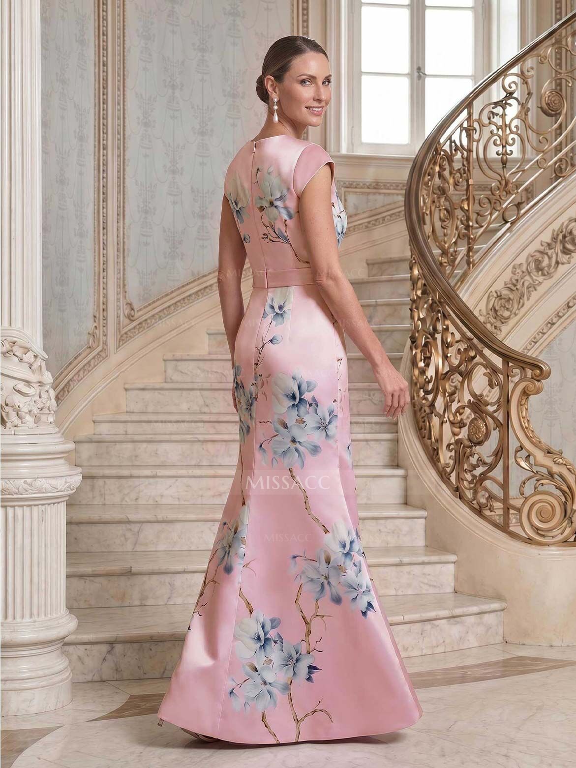 Trumpet/Mermaid V-Neck Cape Sleeves Floor-Length Satin Evening Dresses With Flower(s)
