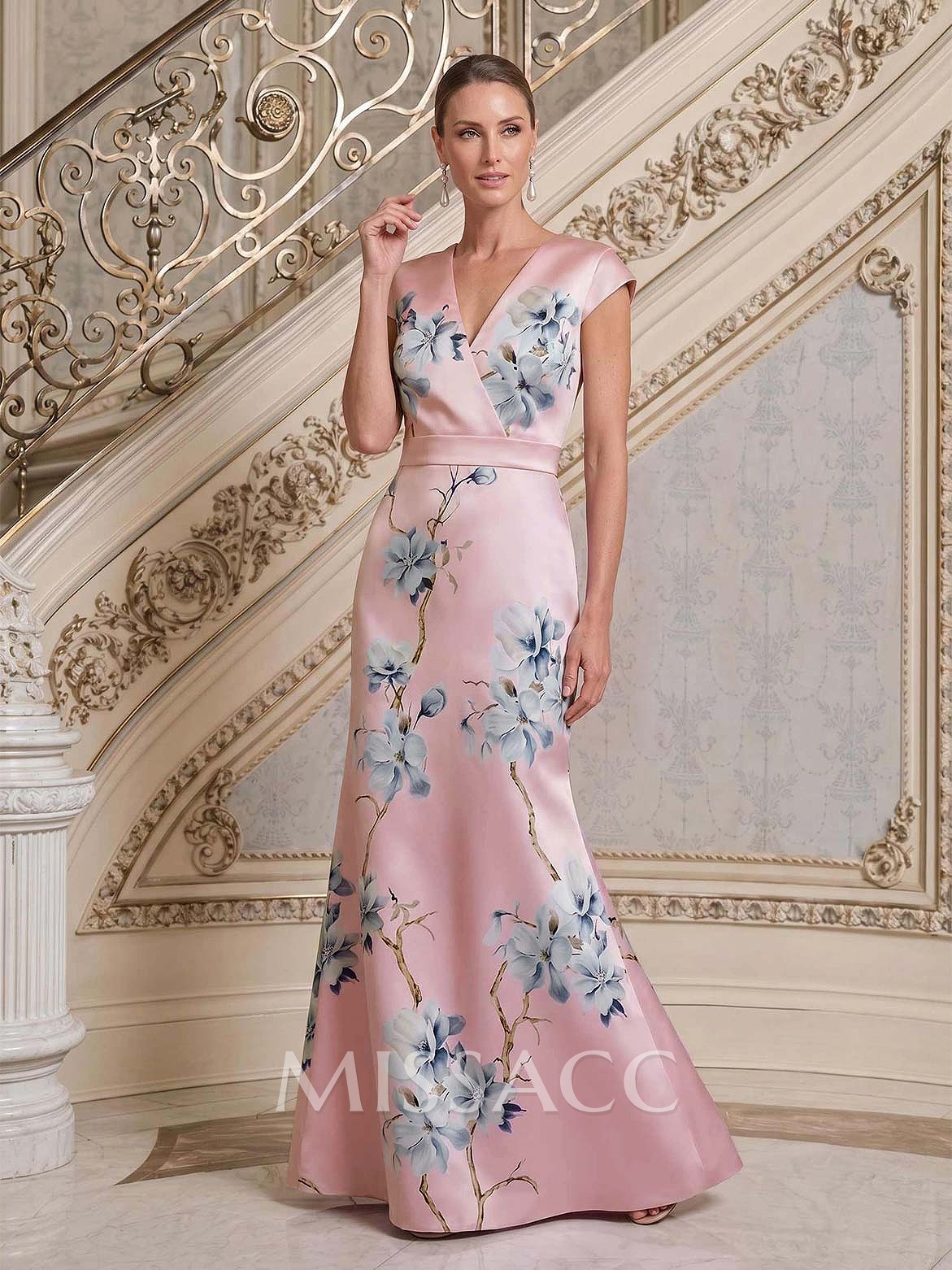 Trumpet/Mermaid V-Neck Cape Sleeves Floor-Length Satin Evening Dresses With Floral-Print
