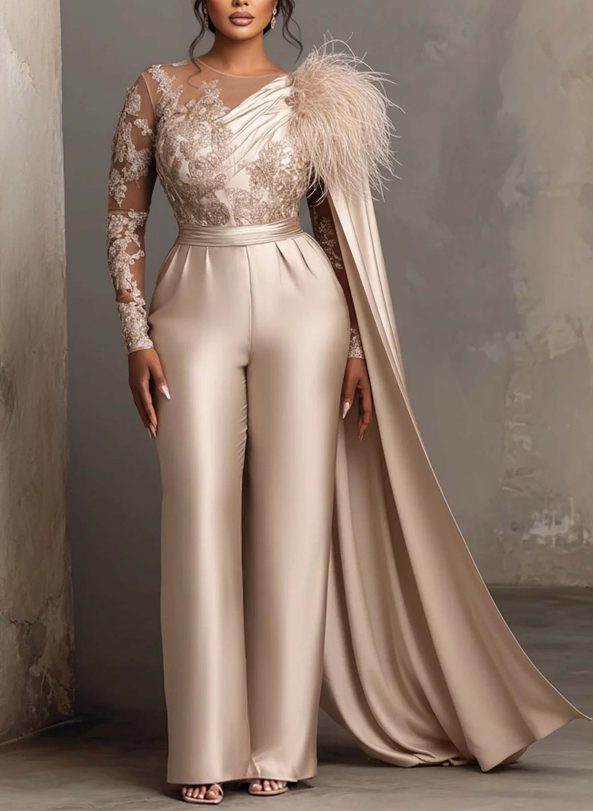 Jumpsuit/Pantsuit Scoop Neck Long Sleeves Floor-Length Lace/Crepe Satin Evening Dresses With Sweeping Side Drape