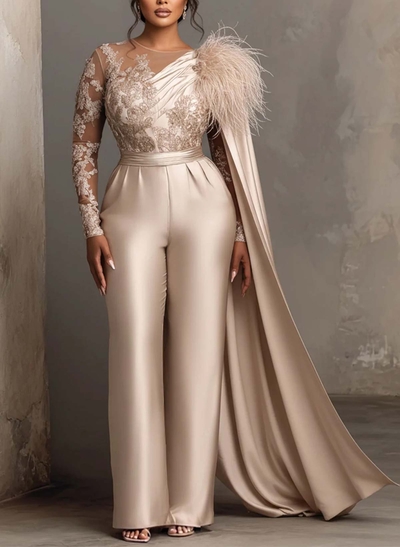 Jumpsuit/Pantsuit Scoop Neck Long Sleeves Floor-Length Lace/Crepe Satin Evening Dresses With Sweeping Side Drape