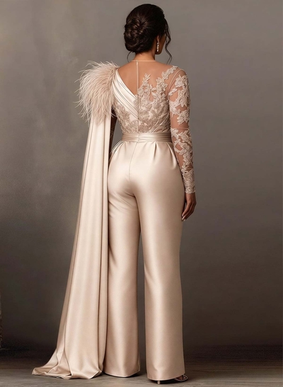 Jumpsuit/Pantsuit Scoop Neck Long Sleeves Floor-Length Lace/Crepe Satin Evening Dresses With Sweeping Side Drape