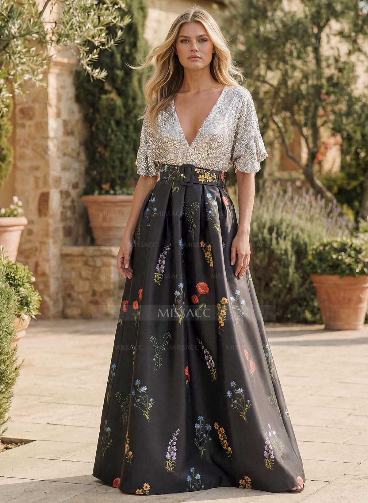 A-Line V-Neck 1/2 Sleeves Floor-Length Sequined Twill Satin Evening Dresses With Sequins Sash Flower