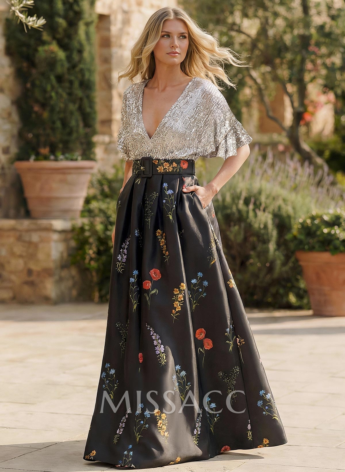 A-Line V-Neck 1/2 Sleeves Floor-Length Sequined Twill Satin Evening Dresses With Sequins Sash Flower A-Line V-Neck 1/2 Sleeves Floor-Length Sequined Twill Satin Evening Dresses With Sequins Sash Flower