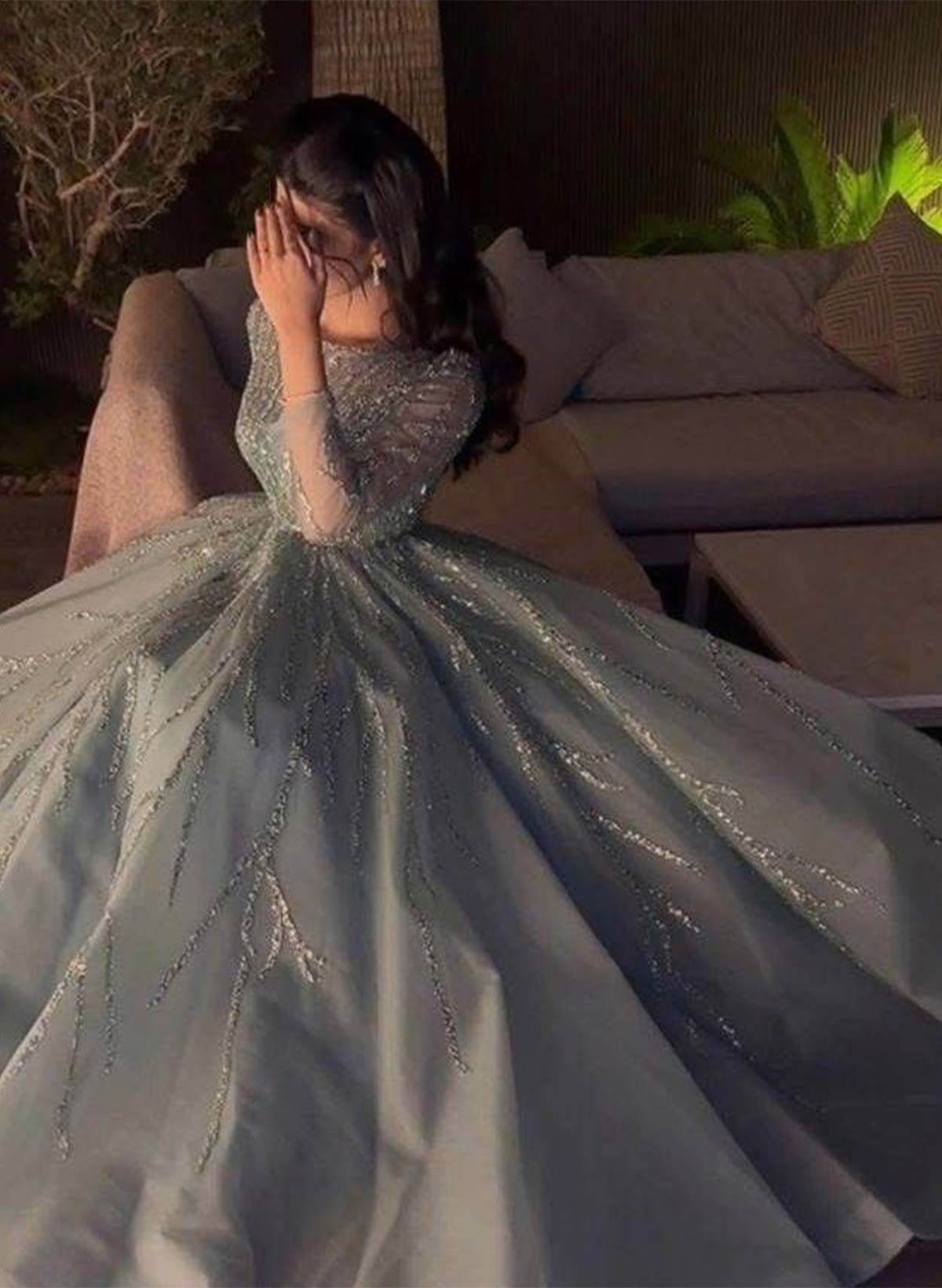 A-Line Scoop Neck Long Sleeves Floor-Length Satin Evening Dresses With Sequins