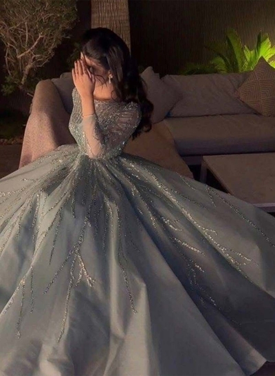 A-Line Scoop Neck Long Sleeves Floor-Length Satin Evening Dresses With Sequins