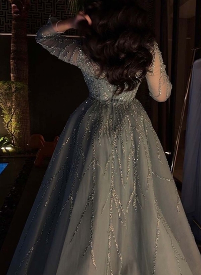 A-Line Scoop Neck Long Sleeves Floor-Length Satin Evening Dresses With Sequins