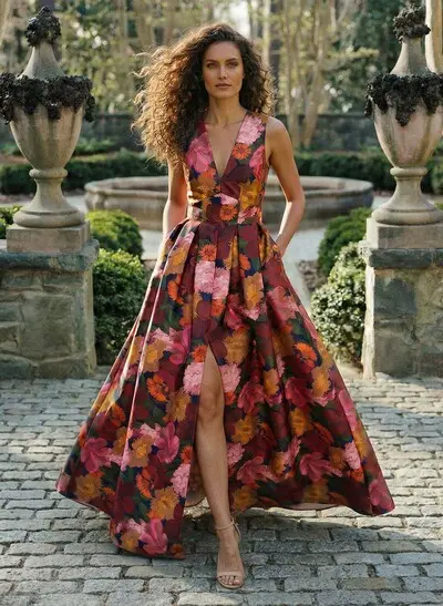 A-Line V-Neck Sleeveless Floor-Length Twill Satin Evening Dresses With Floral-Print/Split Front