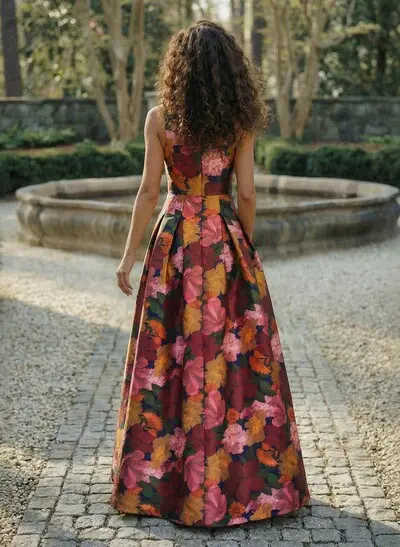A-Line V-Neck Sleeveless Floor-Length Twill Satin Evening Dresses With Floral-Print/Split Front