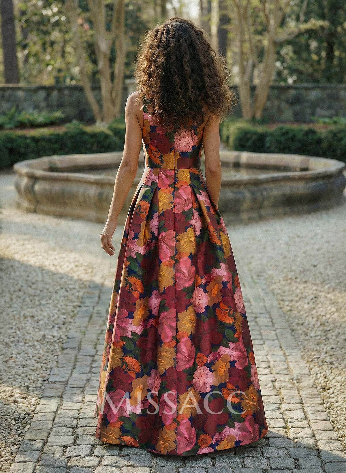 A-Line V-Neck Sleeveless Floor-Length Twill Satin Evening Dresses With Split Front Flower