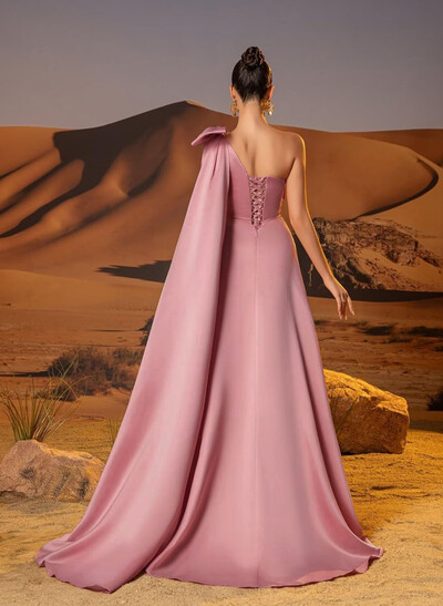 A-Line One-Shoulder Sleeveless Floor-Length Satin Evening Dresses With Bow(s)/Sweeping Side Drape
