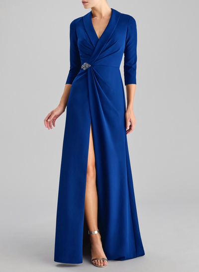Sheath/Column V-Neck 3/4 Sleeves Floor-Length Elastic Satin Evening Dresses With Beading/High Split