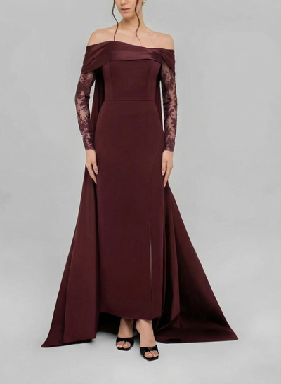Sheath/Column Off-The-Shoulder Long Sleeves Detachable Satin/Elastic Satin Evening Dresses With Lace