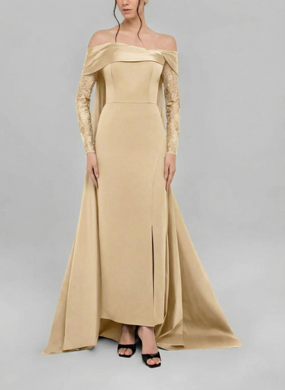 Sheath/Column Off-The-Shoulder Long Sleeve Detachable Satin/Stretch Satin Evening Gown With Lace