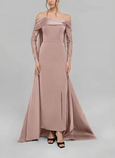Sheath/Column Off-The-Shoulder Long Sleeves Detachable Satin/Elastic Satin Evening Dresses With Lace