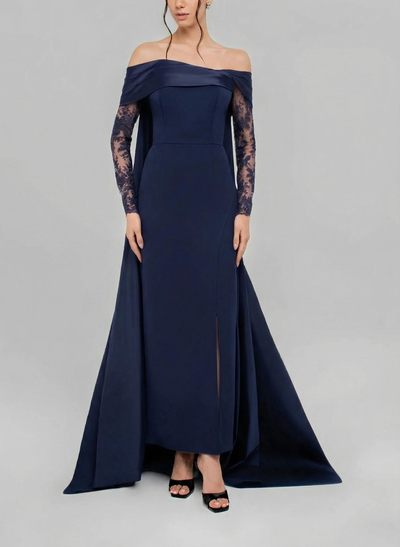 Sheath/Column Off-The-Shoulder Long Sleeve Detachable Satin/Stretch Satin Evening Gown With Lace
