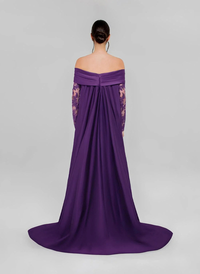 Sheath/Column Off-The-Shoulder Long Sleeves Detachable Satin/Elastic Satin Evening Dresses With Lace