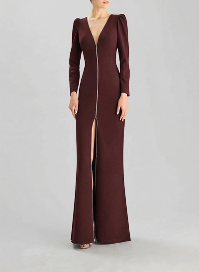 Sheath/Column V-Neck Long Sleeves Floor-Length Elastic Satin Evening Dresses With Rhinestone