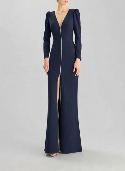 Sheath/Column V-Neck Long Sleeves Floor-Length Elastic Satin Evening Dresses With Rhinestone