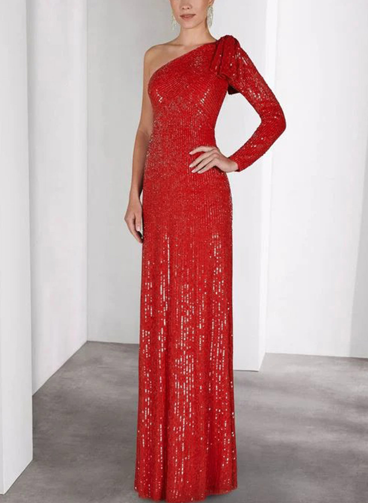 Sheath/Column One-Shoulder Long Sleeves Floor-Length Sequined Evening Dresses With Bow(s)