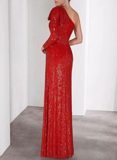 Sheath/Column One-Shoulder Long Sleeves Floor-Length Sequined Mother Of The Bride Dresses With Bow(s)