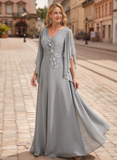 A-Line V-Neck 1/2 Sleeves Floor-Length Chiffon Mother Of The Bride Dresses With Appliques Lace