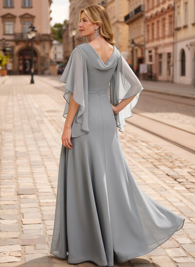 A-Line V-Neck 1/2 Sleeves Floor-Length Chiffon Mother Of The Bride Dresses With Appliques Lace