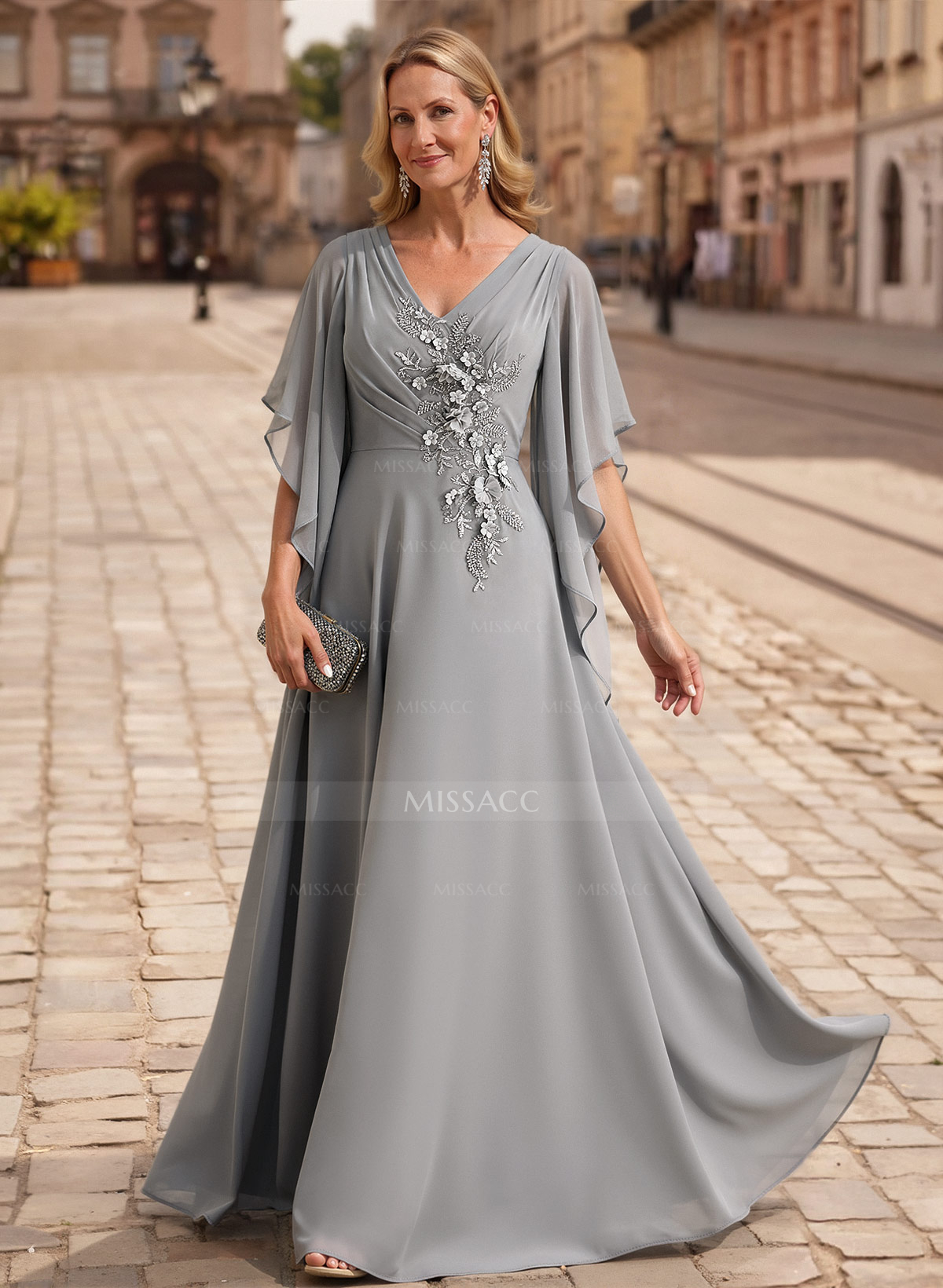 A-Line V-Neck 1/2 Sleeves Floor-Length Chiffon Mother Of The Bride Dresses With Appliques Lace