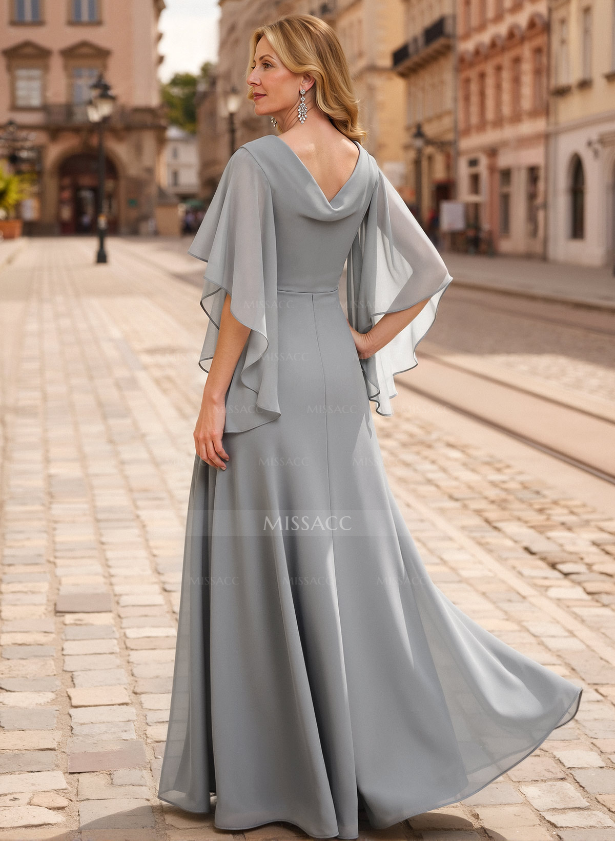 A-Line V-Neck 1/2 Sleeves Floor-Length Chiffon Mother Of The Bride Dresses With Appliques Lace