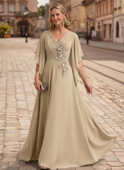 A-Line V-Neck 1/2 Sleeves Floor-Length Chiffon Mother Of The Bride Dresses With Appliques Lace