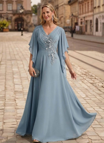 A-Line V-Neck 1/2 Sleeves Floor-Length Chiffon Mother Of The Bride Dresses With Appliques Lace