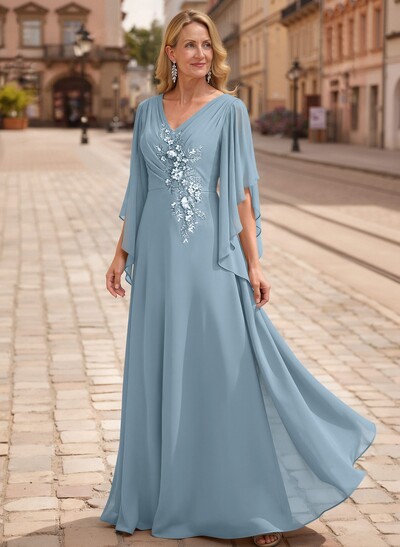 A-Line V-Neck 1/2 Sleeves Floor-Length Chiffon Mother Of The Bride Dresses With Appliques Lace