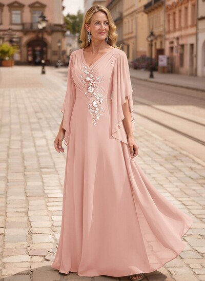 A-Line V-Neck 1/2 Sleeves Floor-Length Chiffon Mother Of The Bride Dresses With Appliques Lace