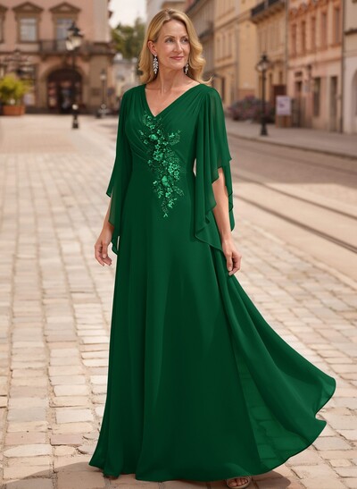 A-Line V-Neck 1/2 Sleeves Floor-Length Chiffon Mother Of The Bride Dresses With Appliques Lace