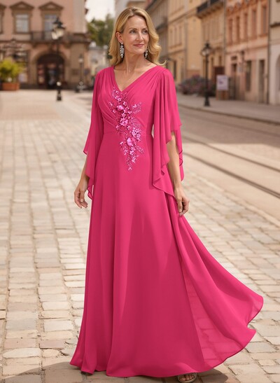 A-Line V-Neck 1/2 Sleeves Floor-Length Chiffon Mother Of The Bride Dresses With Appliques Lace