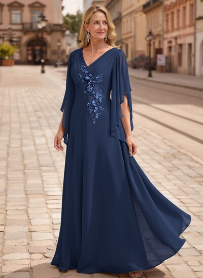 A-Line V-Neck 1/2 Sleeves Floor-Length Chiffon Mother Of The Bride Dresses With Appliques Lace