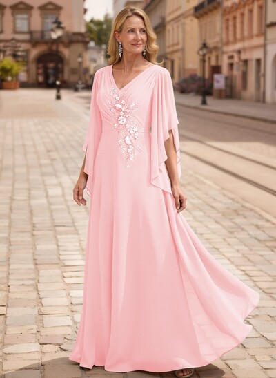 A-Line V-Neck 1/2 Sleeves Floor-Length Chiffon Mother Of The Bride Dresses With Appliques Lace
