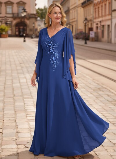 A-Line V-Neck 1/2 Sleeves Floor-Length Chiffon Mother Of The Bride Dresses With Appliques Lace