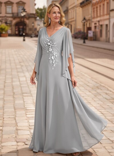 A-Line V-Neck 1/2 Sleeves Floor-Length Chiffon Mother Of The Bride Dresses With Appliques Lace