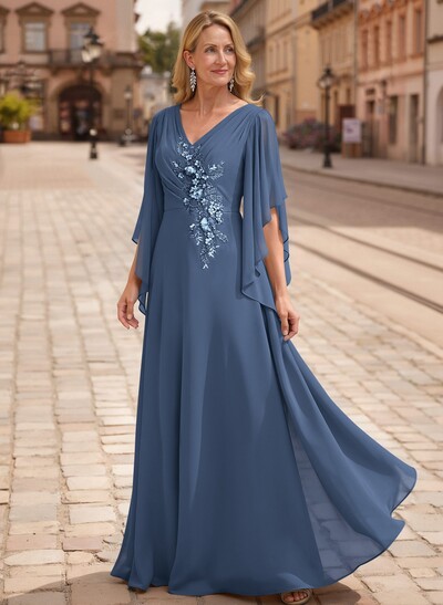A-Line V-Neck 1/2 Sleeves Floor-Length Chiffon Mother Of The Bride Dresses With Appliques Lace