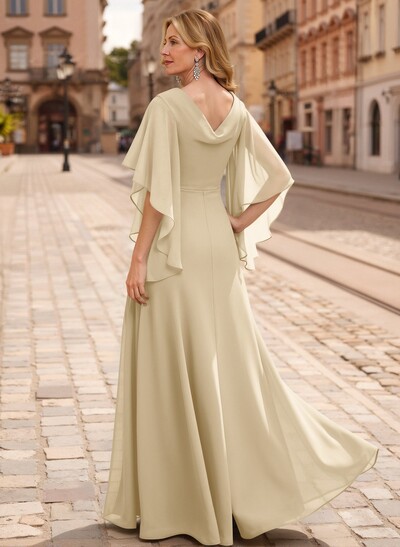 A-Line V-Neck 1/2 Sleeves Floor-Length Chiffon Mother Of The Bride Dresses With Appliques Lace