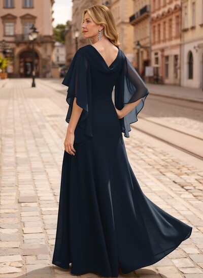 A-Line V-Neck 1/2 Sleeves Floor-Length Chiffon Mother Of The Bride Dresses With Appliques Lace
