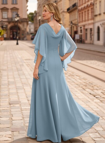 A-Line V-Neck 1/2 Sleeves Floor-Length Chiffon Mother Of The Bride Dresses With Appliques Lace