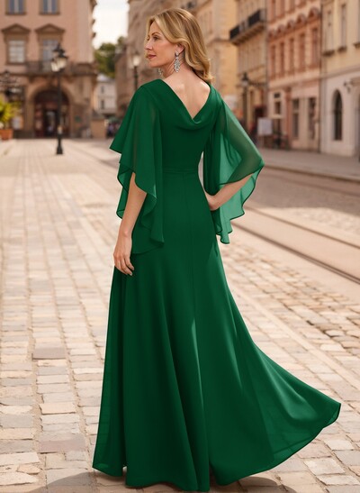 A-Line V-Neck 1/2 Sleeves Floor-Length Chiffon Mother Of The Bride Dresses With Appliques Lace