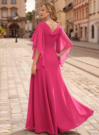 A-Line V-Neck 1/2 Sleeves Floor-Length Chiffon Mother Of The Bride Dresses With Appliques Lace