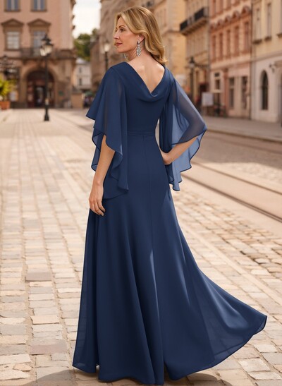 A-Line V-Neck 1/2 Sleeves Floor-Length Chiffon Mother Of The Bride Dresses With Appliques Lace