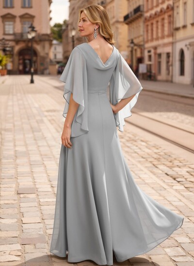 A-Line V-Neck 1/2 Sleeves Floor-Length Chiffon Mother Of The Bride Dresses With Appliques Lace
