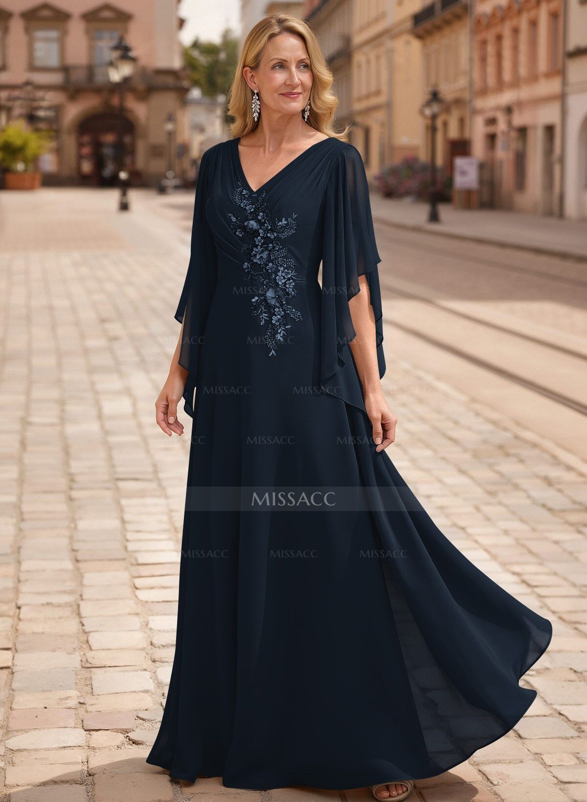 A-Line V-Neck 1/2 Sleeves Floor-Length Chiffon Mother Of The Bride Dresses With Appliques Lace